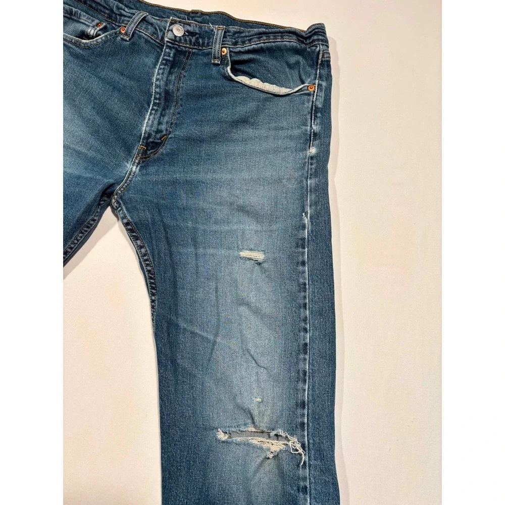 Levis 505 Regular Fit Straight Leg Jeans Mens 36x34 Blue Distressed Denim